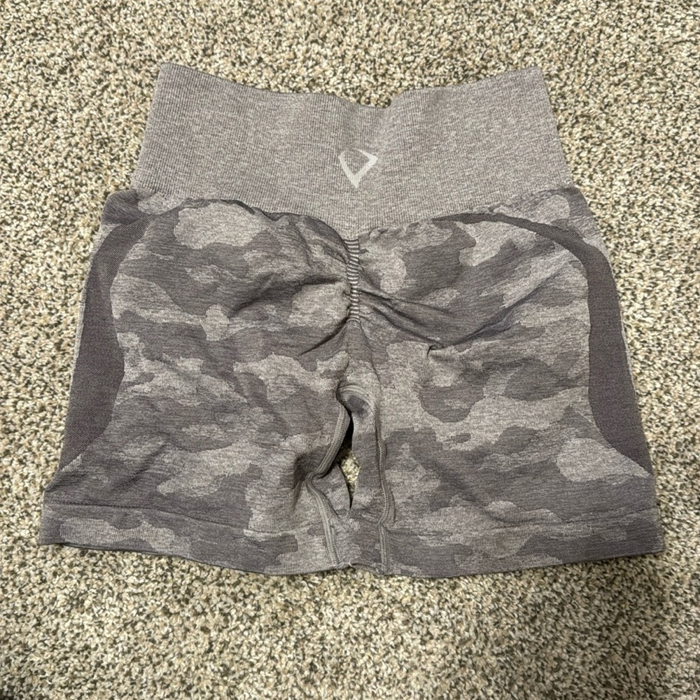 Grey camo workout shorts, size small